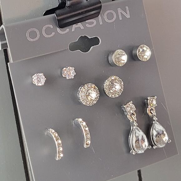 Multi-Set Earrings Clear Faux Crystal New on Card Rhinestone Dangle Hoop Studs - Picture 2 of 11